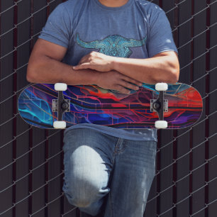 Complexe verbonden lijnen in rood en blauw skateboard