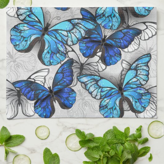 Compositie van witte en blauwe vlinders theedoek (Gevouwen)