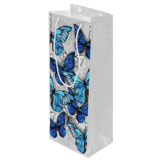 Compositie van witte en blauwe vlinders wijn cadeautas (Achterkant Gekanteld)