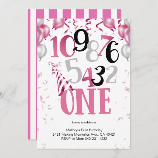 Compte à rebours pour UN ! Invitation d'anniversai (Devant / Derrière)