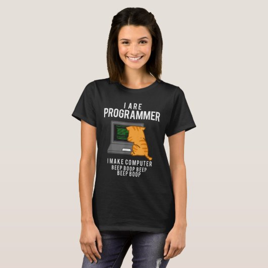 Computer Cat Programmeur Funny Coder Meme T-shirt (Voorkant volledig)