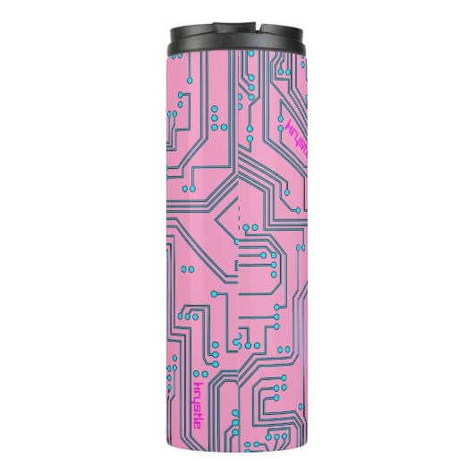 Computer Chip Nerd Black roze blauwe tekstnaam Thermosbeker (Achterkant)