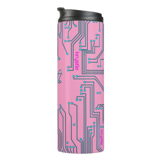 Computer Chip Nerd Black roze blauwe tekstnaam Thermosbeker (Geroteerd rechts)