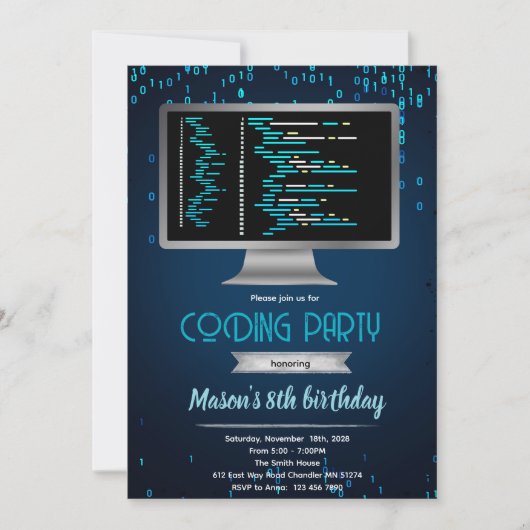 Computer coding birthday party invitation (Devant)