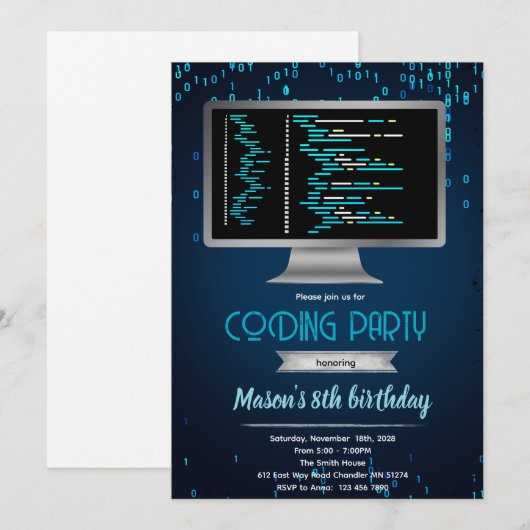 Computer coding birthday party invitation (Devant / Derrière)