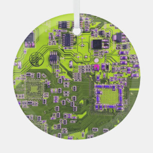Computer Geek Circuit Board Neon Yellow Glas Ornament