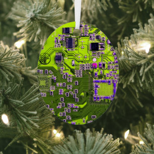 Computer Geek Circuit Board Neon Yellow Metalen Ornament