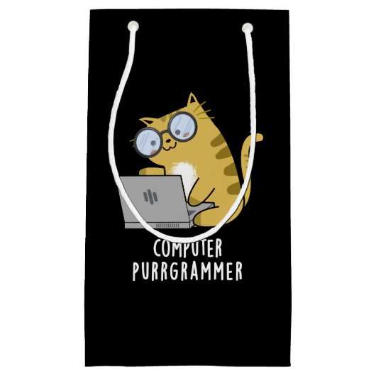 Computer Spint-grammer Funny Cat Pun Dark BG Klein Cadeauzakje (Voorkant)