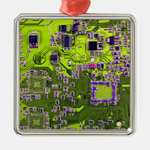 Computergek printplaat neon geel metalen ornament