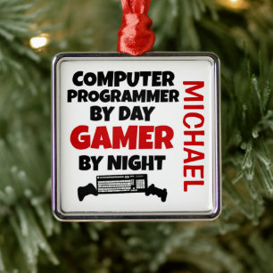 Computerprogrammeur houdt van het spelen van video metalen ornament
