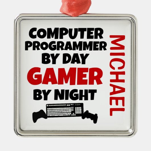 Computerprogrammeur houdt van het spelen van video metalen ornament (Voorkant)