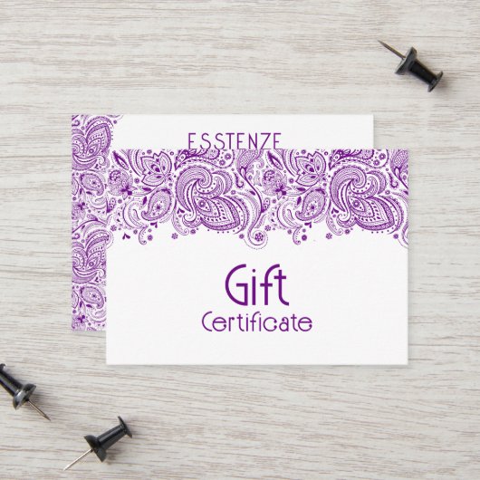 Conception de certificat cadeau à motifs cachemire (Devant/Arrière en situation)
