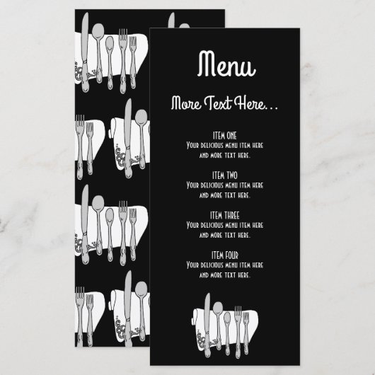 Conception de couverts en noir et blanc Menu 4x9 p (Devant / Derrière)