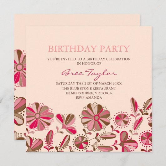 Conception de Fleur Rose Retro Invitation Annivers (Devant / Derrière)