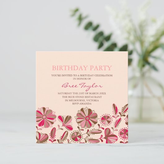 Conception de Fleur Rose Retro Invitation Annivers (Debout devant)