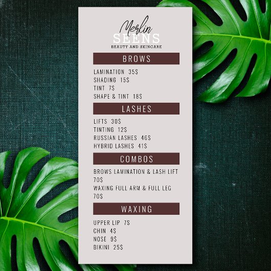 Conception de menu de traitement de salon de beaut