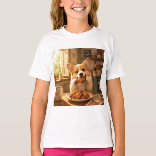 Conception de T-shirt de chien mangeant du poulet (Devant)