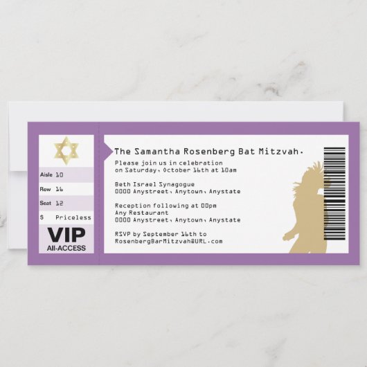 Concert Ticket Bat Mitzvah Uitnodiging in Paars (Voorkant)