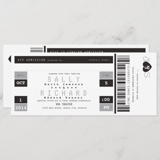 Concert voor Ticket Uitnodiging zwart-wit en grijs (Voorkant / Achterkant)