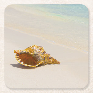 Conch Shell op strand 3 Vierkante Kartonnen Onderzetter