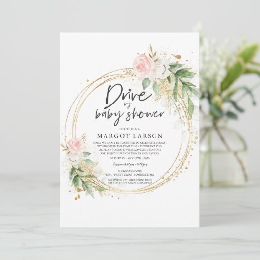 Conduire Par Baby shower Invitation Verdure Or ros (Debout devant)