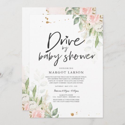 Conduire Par Baby shower Invitation Verdure Or ros (Devant / Derrière)