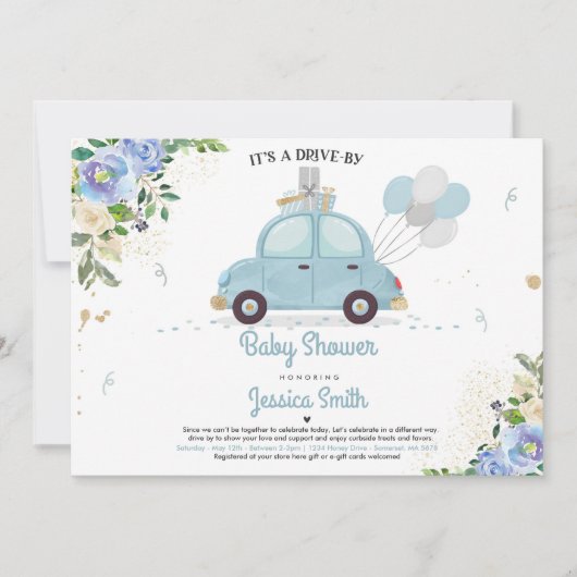 Conduite Par Baby shower Invitation Bleu Floral Do (Devant)