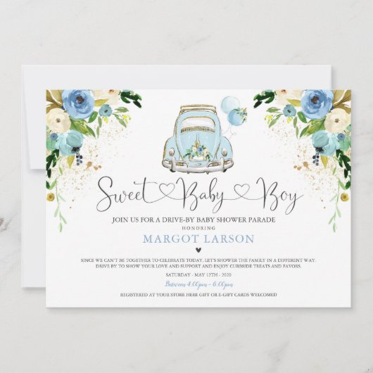 Conduite Par Baby shower Invitation Bleu Floral Do (Devant)