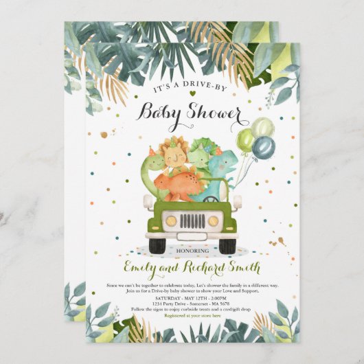 Conduite Par Baby shower Invitation Dinosaur Douch (Devant / Derrière)