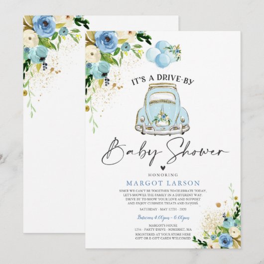 Conduite par Baby shower Invitation Douche Florale (Devant / Derrière)