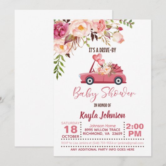 Conduite par Baby shower Invitation - Fille (Devant / Derrière)