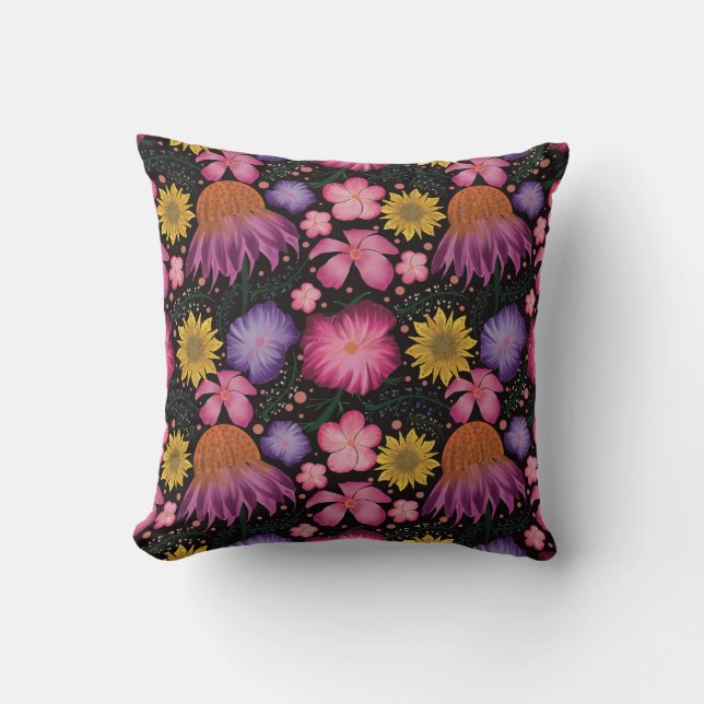 Coneflower Black Floral Pattern Kussen (Voorkant)