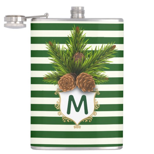 Cônes de pin et bandes vertes Flacon monogramme (Ouvert)