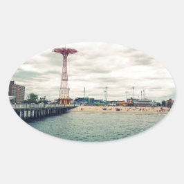 Coney Island Beach Panorama Ovale Sticker