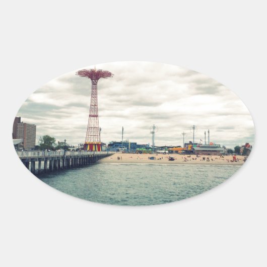 Coney Island Beach Panorama Ovale Sticker (Voorkant)