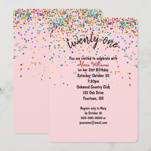 confetti 21e verjaardagsfeestje kaart (Voorkant / Achterkant)