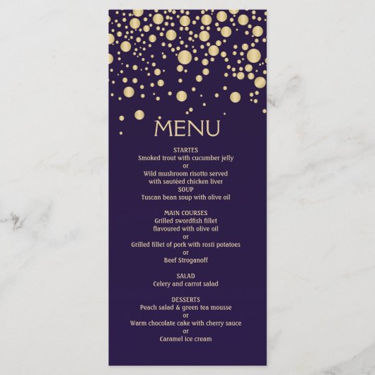 Confetti à effet doré sur violet Carte Menu (Devant)