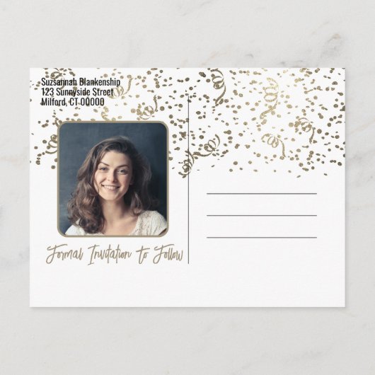 Confetti Afstuderen Aangepaste foto Opslaan Datum Aankondigingskaart (Achterkant)