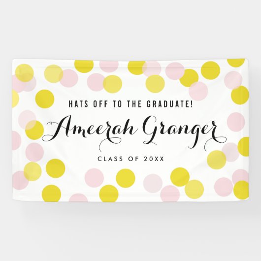 Confetti Afstuderen roze en gele pokadots Spandoek (Horizontaal)