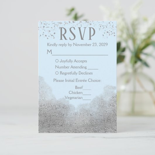 Confetti Argent Bleu RSVP Réponse Mariage Repas (Debout devant)