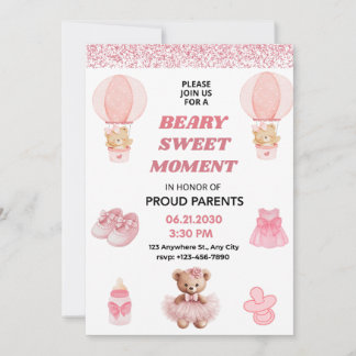 CONFETTI, BEARY SWEET MOMENT GIRL 5X7 BABY SHOWER KAART