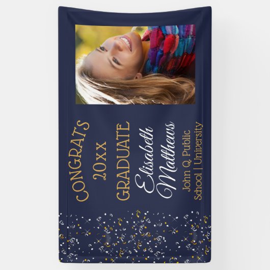 Confetti Blue Photo Congrats Afstuderen Name Schoo Spandoek (Verticaal)