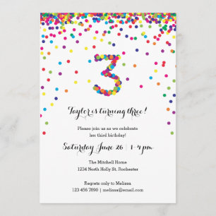 Confetti coloré 3e anniversaire fêtes Invitations