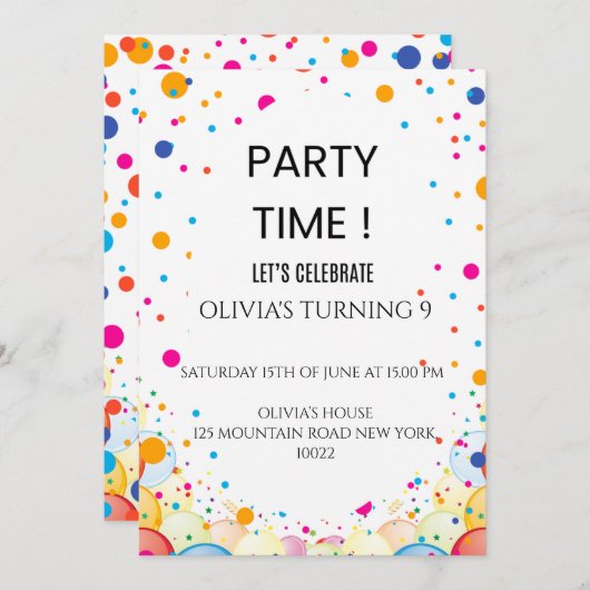 Confetti coloré modifiable Invitation Anniversaire (Devant / Derrière)