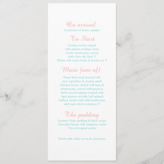 Confetti coral orange turquoise vert mariage menu (Dos)