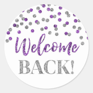 Confetti d'argent violet Welcome Back Sticker rond