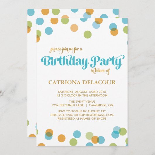 CONFETTI DE POINTS BLEUS | INVITATION ANNIVERSAIRE (Devant / Derrière)