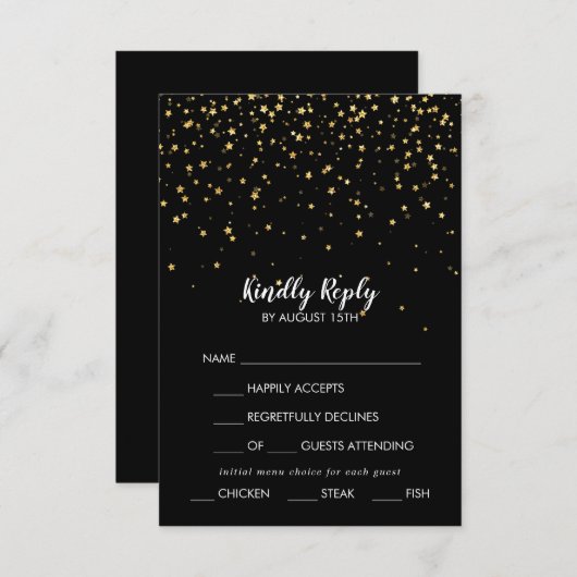 Confetti d'or | Menu noir Choix mariage RSVP (Devant / Derrière)