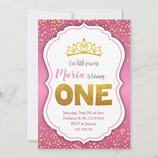 Confetti d'or rose Princesse Invitation d'annivers (Devant)