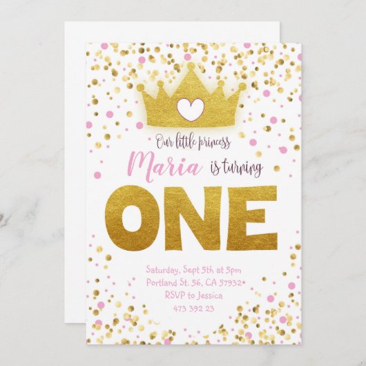 Confetti d'or rose Princesse Invitation d'annivers (Devant / Derrière)